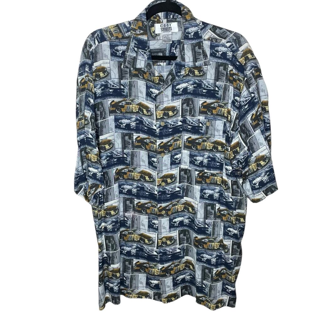 C.I.T.Y Streets Men’s Size Large Vintage Sport Shirt Race Cars Short Sleeves